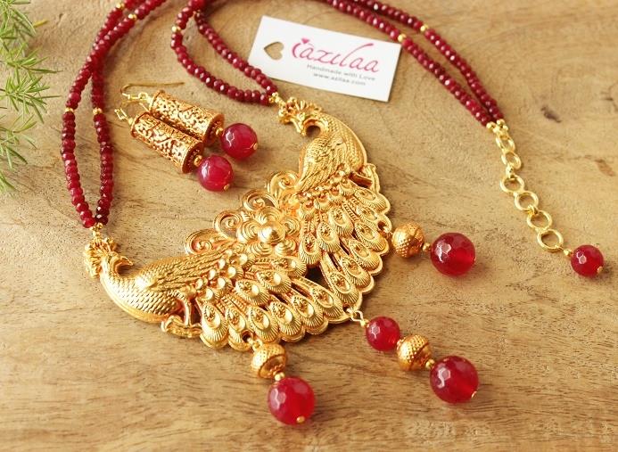 Maroon Golden peacock Statement handmade necklace set