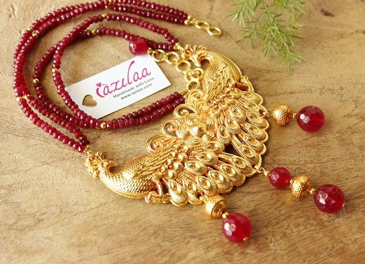 Maroon Golden peacock Statement handmade necklace set