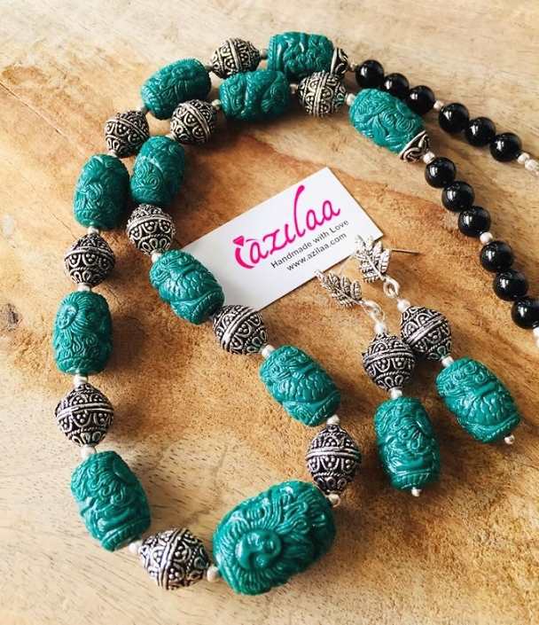 Mermaid necklace Carved beaded Green designer necklace set 