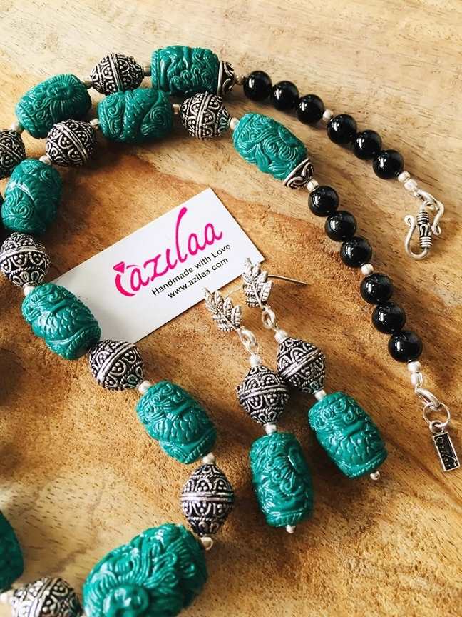 Mermaid necklace Carved beaded Green designer necklace set 