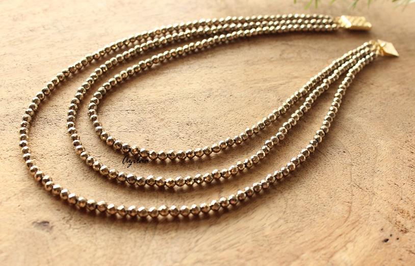 Metallic gold necklace, Multi layered beaded necklace