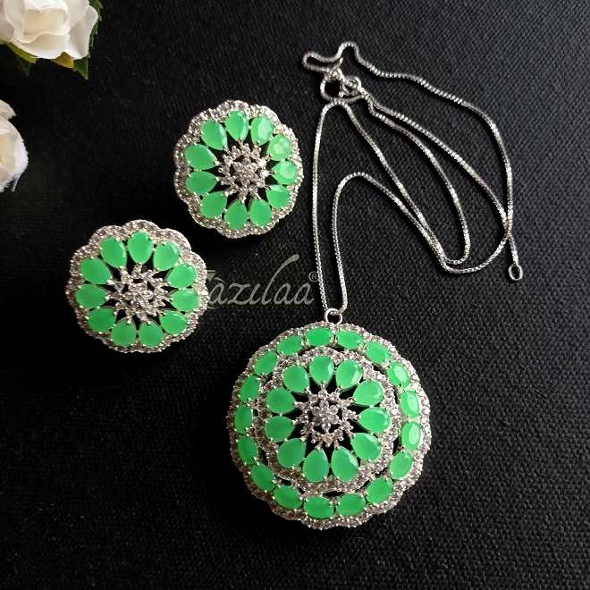 Mint Green CZ studded flower pendant silver necklace earrings set