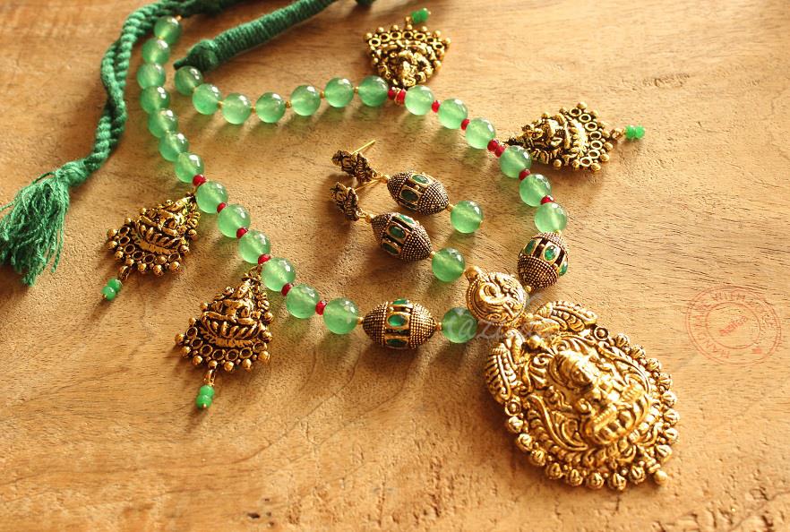 Mint green beaded necklace, Antique gold pendant necklace set