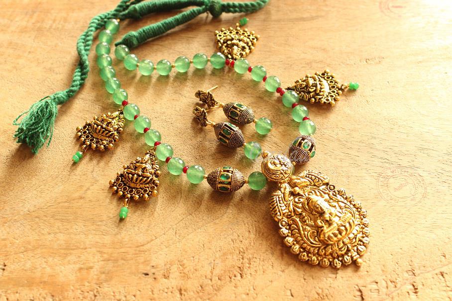 Mint green beaded necklace, Antique gold pendant necklace set
