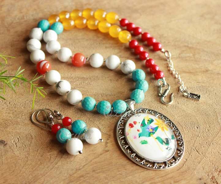 Modern Bird Contemporary pendant gemstone necklace set