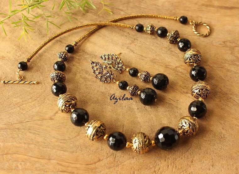 Designer Black Onyx antique gold tone beaded necklace set