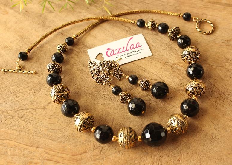 Designer Black Onyx antique gold tone beaded necklace set