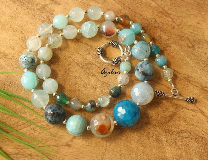 Modern Blue agate gemstone handmade silver necklace