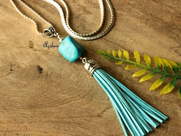 Modern Blue trendy tassel gemstone beaded pendant necklace