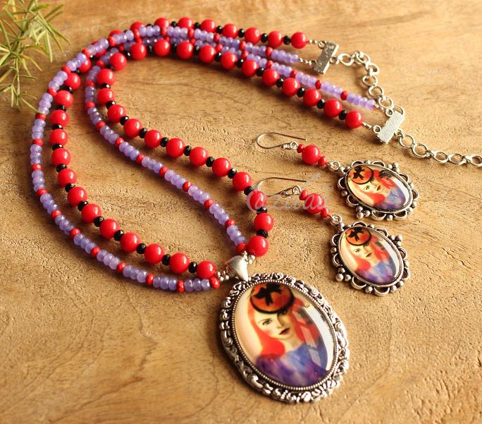 Modern Contemporary Woman painting pendant gemstone necklace set
