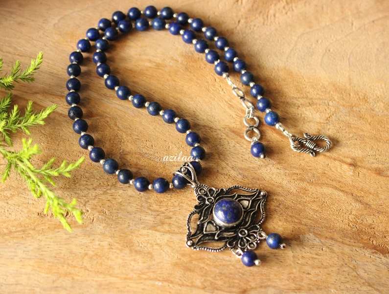 Ethnic oxidized silver Lapis lazuli gemstone Beaded necklace