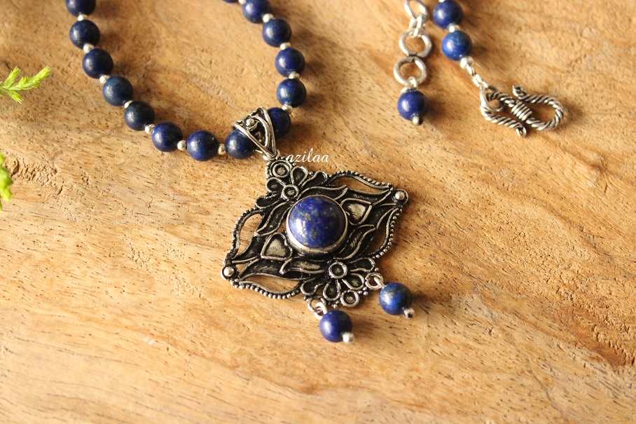 Ethnic oxidized silver Lapis lazuli gemstone Beaded necklace