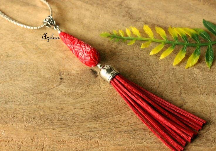 Modern Red trendy tassel gemstone beaded pendant necklace