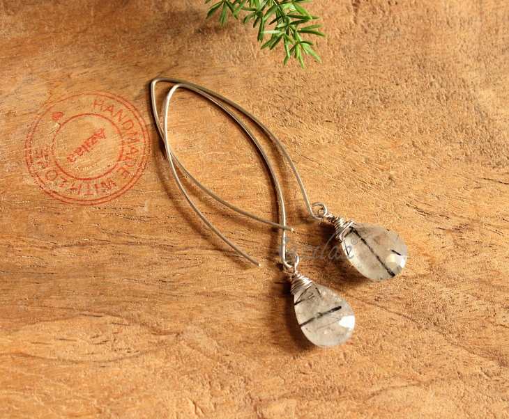 OOAK Modern Rutil quartz gemstone sterling silver drop earrings