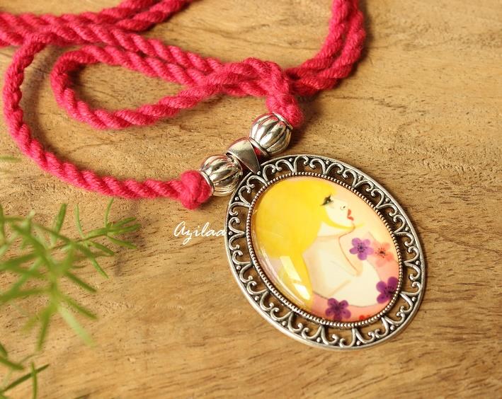 Modern woman painting pendant, Maroon thread necklace