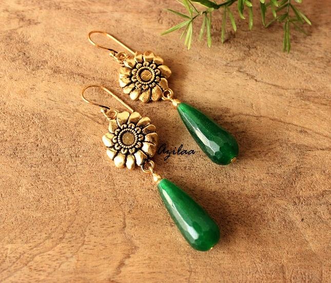 Antique gold earrings, Dark green gemstone earrings