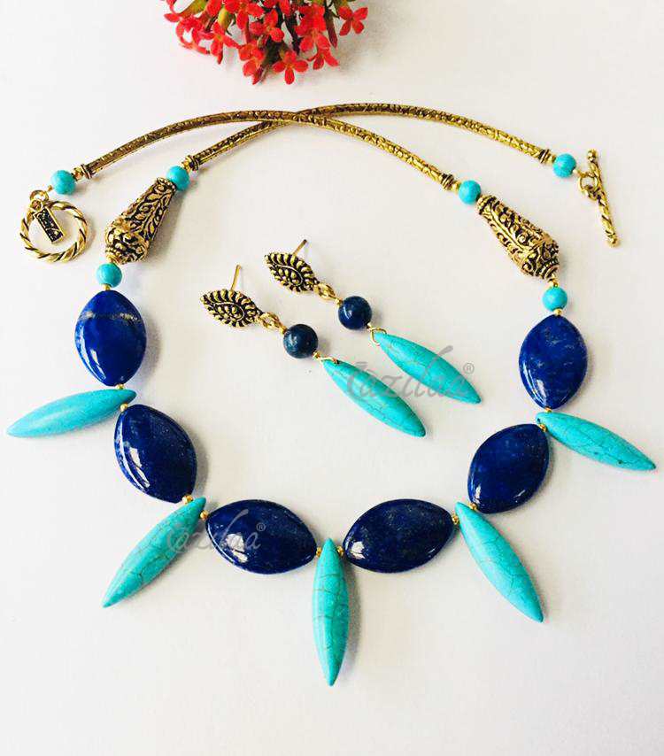 Modern designer Blue lapis gemstone antique gold tone necklace