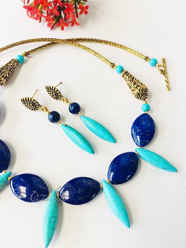 Modern designer Blue lapis gemstone antique gold tone necklace