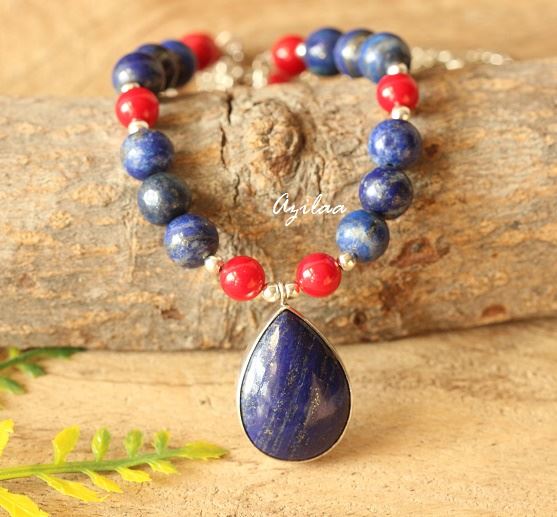 Modern designer Blue lapis red coral gemstone silver necklace