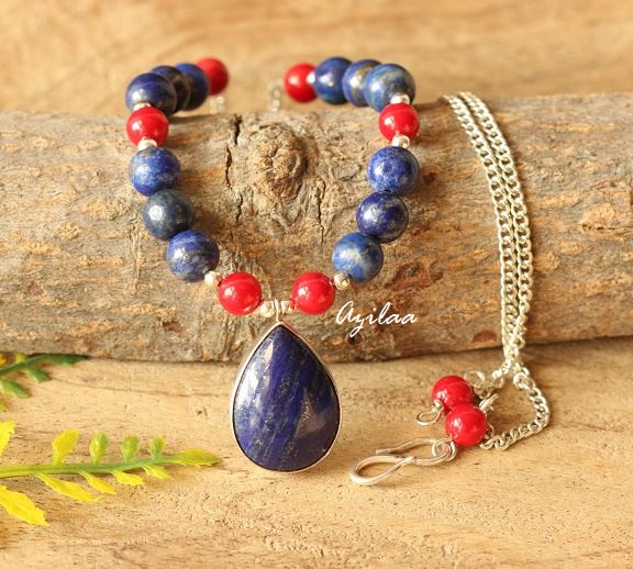 Modern designer Blue lapis red coral gemstone silver necklace