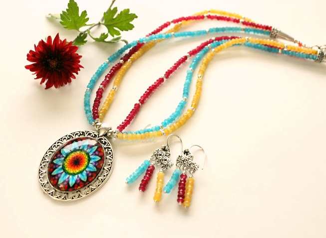 Modern flower Contemporary painting pendant gemstone necklace set