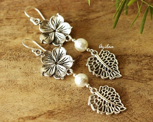 Modern flower pearl charm silver dangler leaf earrings