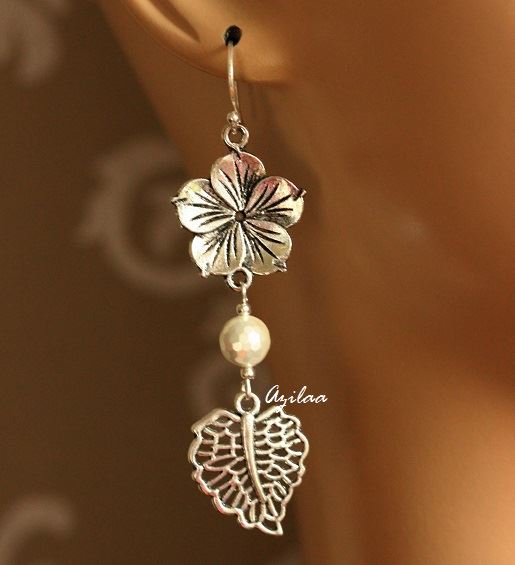 Modern flower pearl charm silver dangler leaf earrings