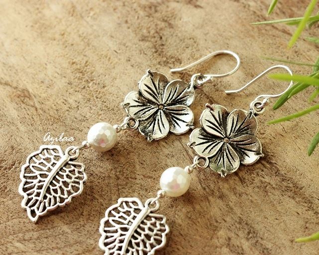 Modern flower pearl charm silver dangler leaf earrings