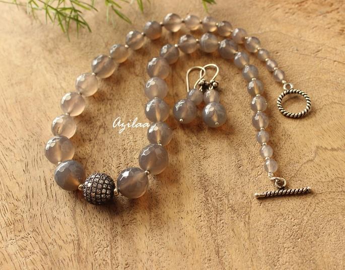 Modern grey gemstone designer necklace earrings jewellery set