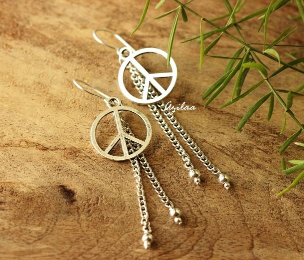 Modern peace charm silver dangler chain earrings