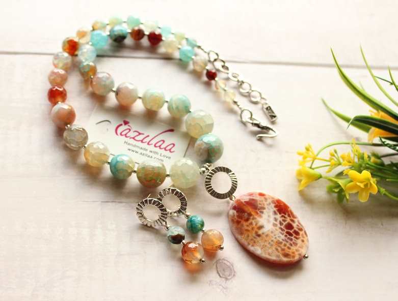 Modern statement gemstone sterling silver necklace earrings set