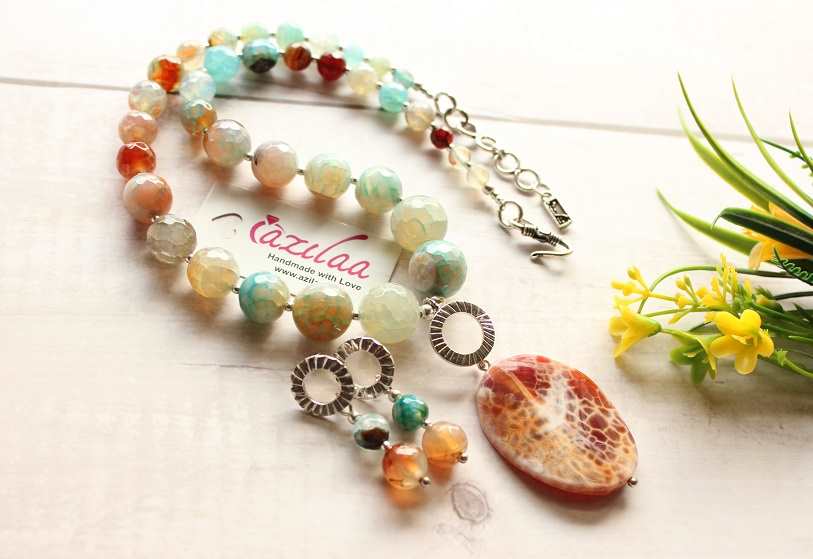 Modern statement gemstone sterling silver necklace earrings set