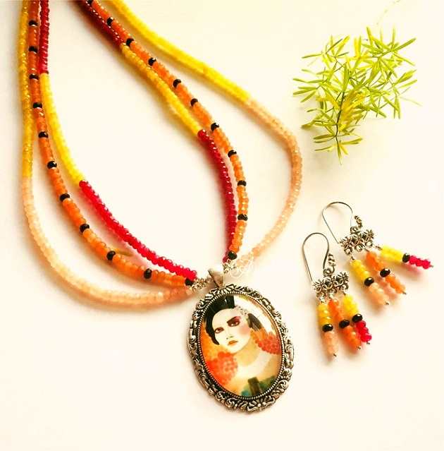 Modern woman Contemporary painting pendant gemstone necklace set