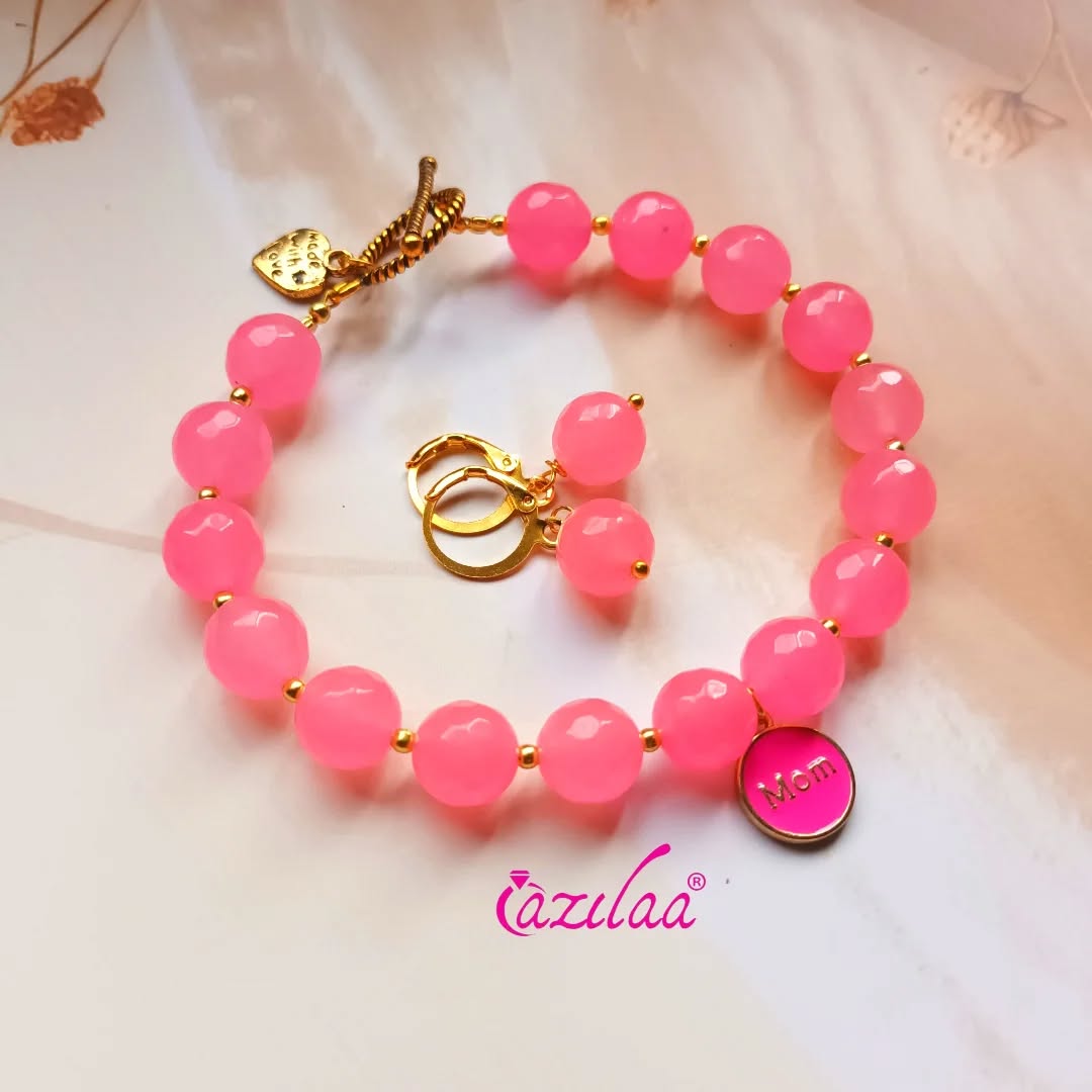 Mom charm  bracelet pink gemstone beaded set gift for her