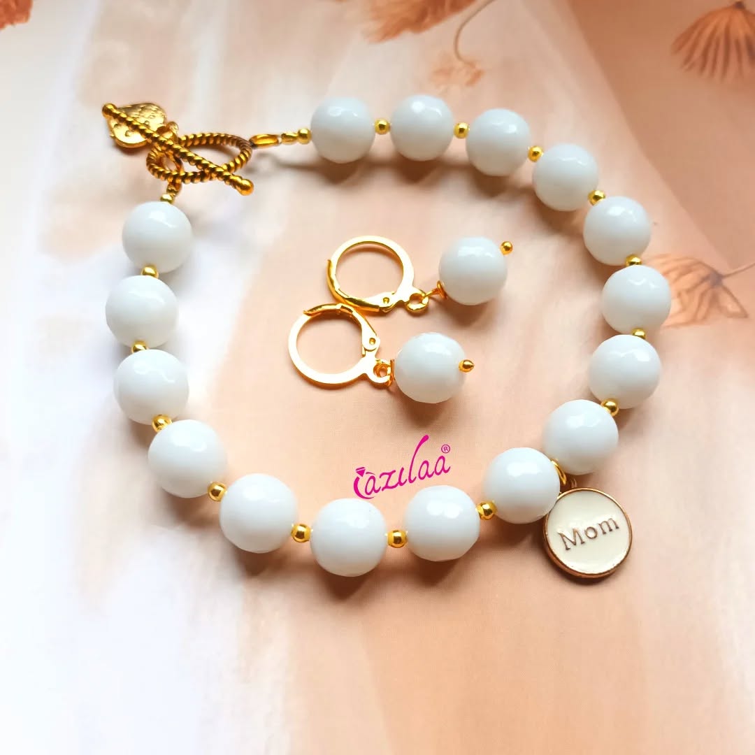 Mom charm  bracelet white  gemstone beaded set gift for her