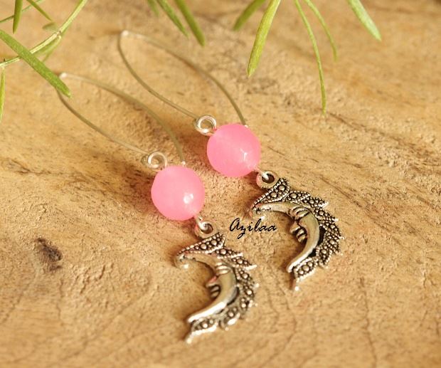 Moon charm pink  gemstone silver earring
