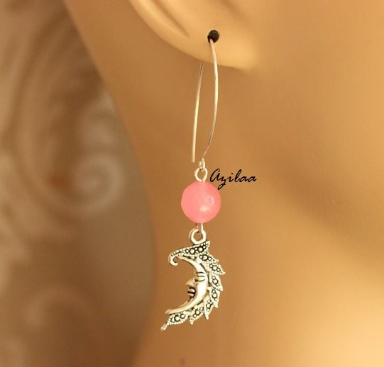 Moon charm pink  gemstone silver earring