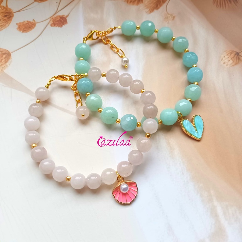 Mother daughter pink and blue gemstone charm bracelets