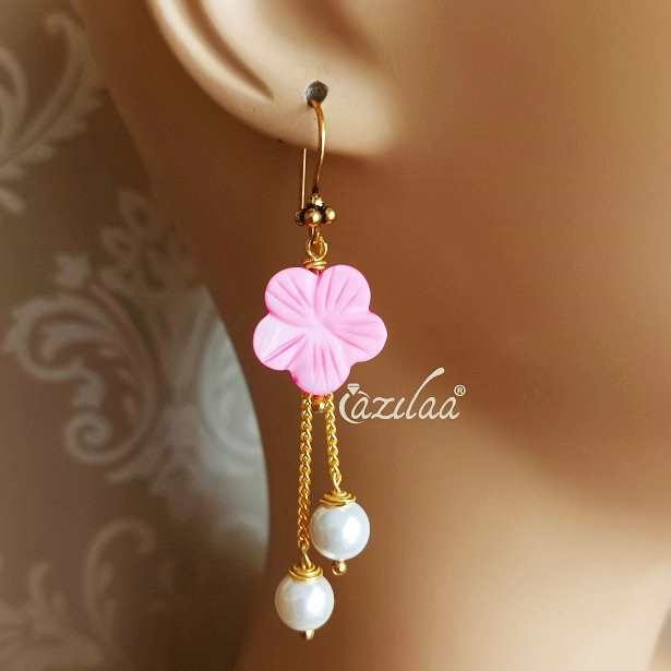 Mother of pearl flower pink dangler antique golden earrings