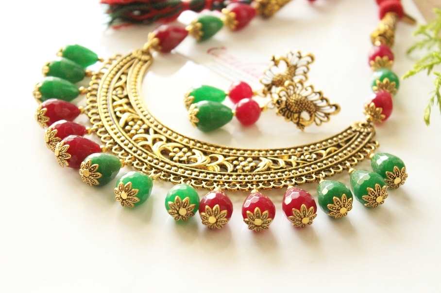 Multi Color maroon green gemstone antique gold tone necklace set