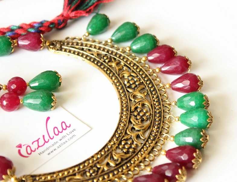 Multi Color maroon green gemstone antique gold tone necklace set