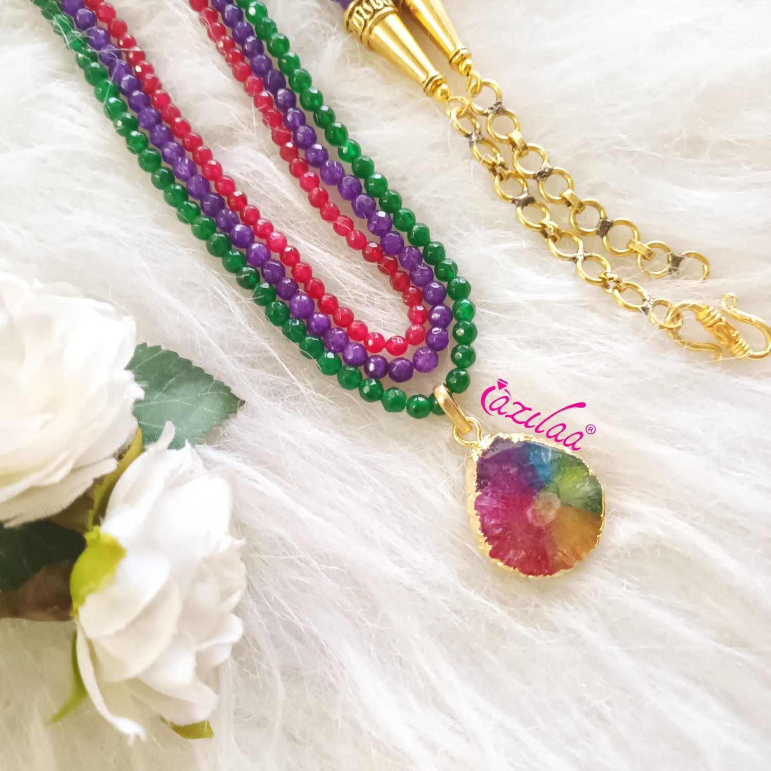 Multi Druzy gemstone gold plated pendant beaded necklace