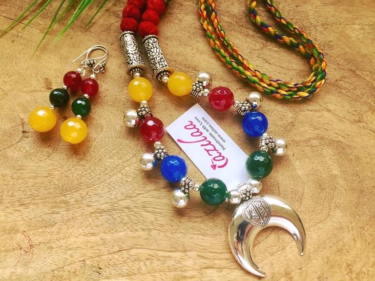 Multi agate jewelry set, Silver plated necklace earrings set