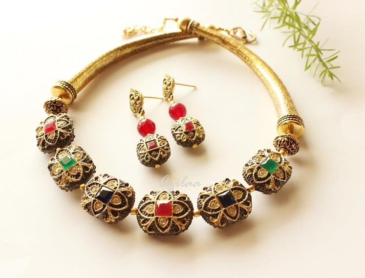 Antique gold necklace set, Designer antique gold jewellery set
