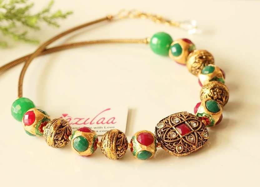 Multi color green golden maroon beaded necklace 