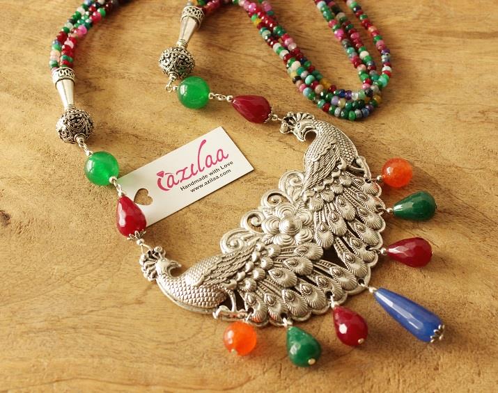 Multi gemstone Peacock Statement handmade necklace set