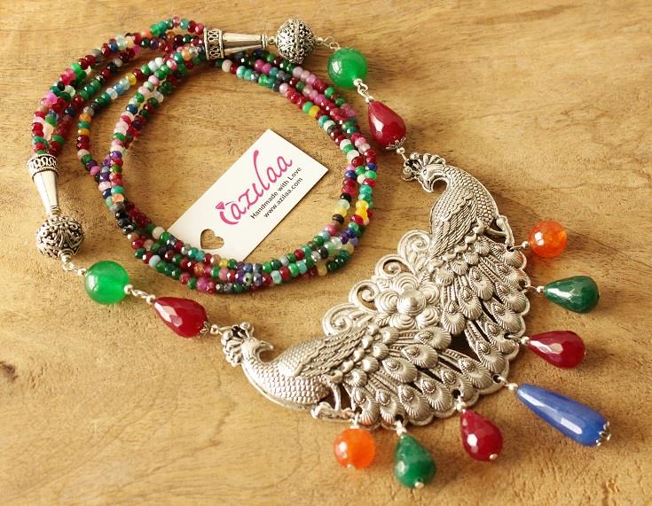 Multi gemstone Peacock Statement handmade necklace set