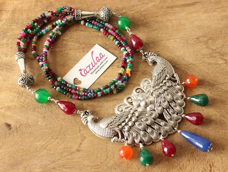Multi gemstone Peacock Statement handmade necklace set