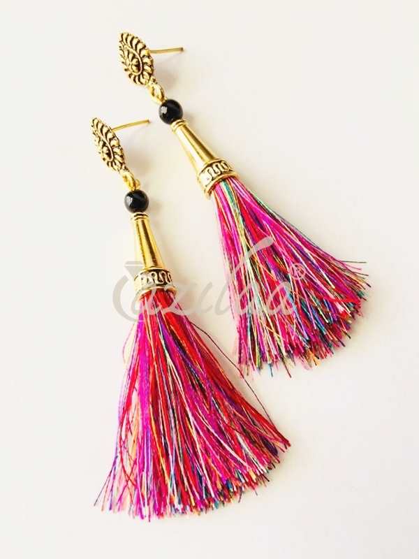 Multi silk tassel handmade post earrings