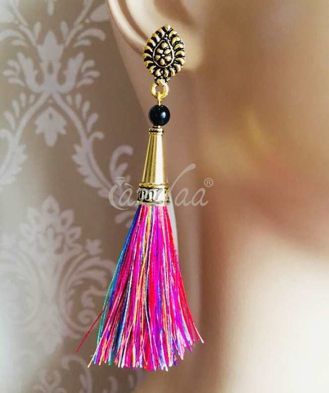 Multi silk tassel handmade post earrings